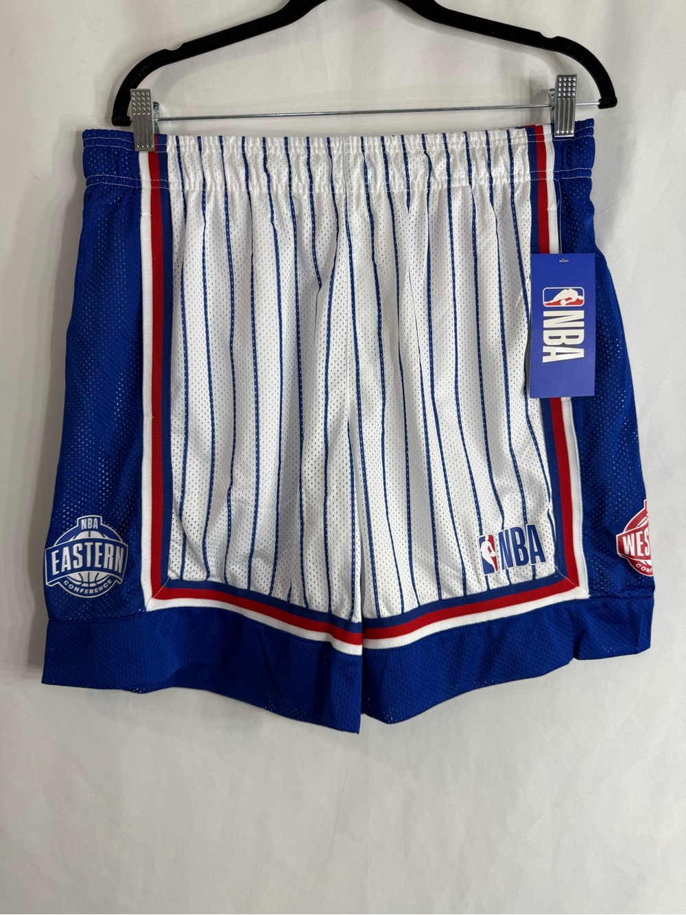 NWT NBA Eastern Western Classic Basketball Shorts White Blue Pinstripe Mesh, Lg